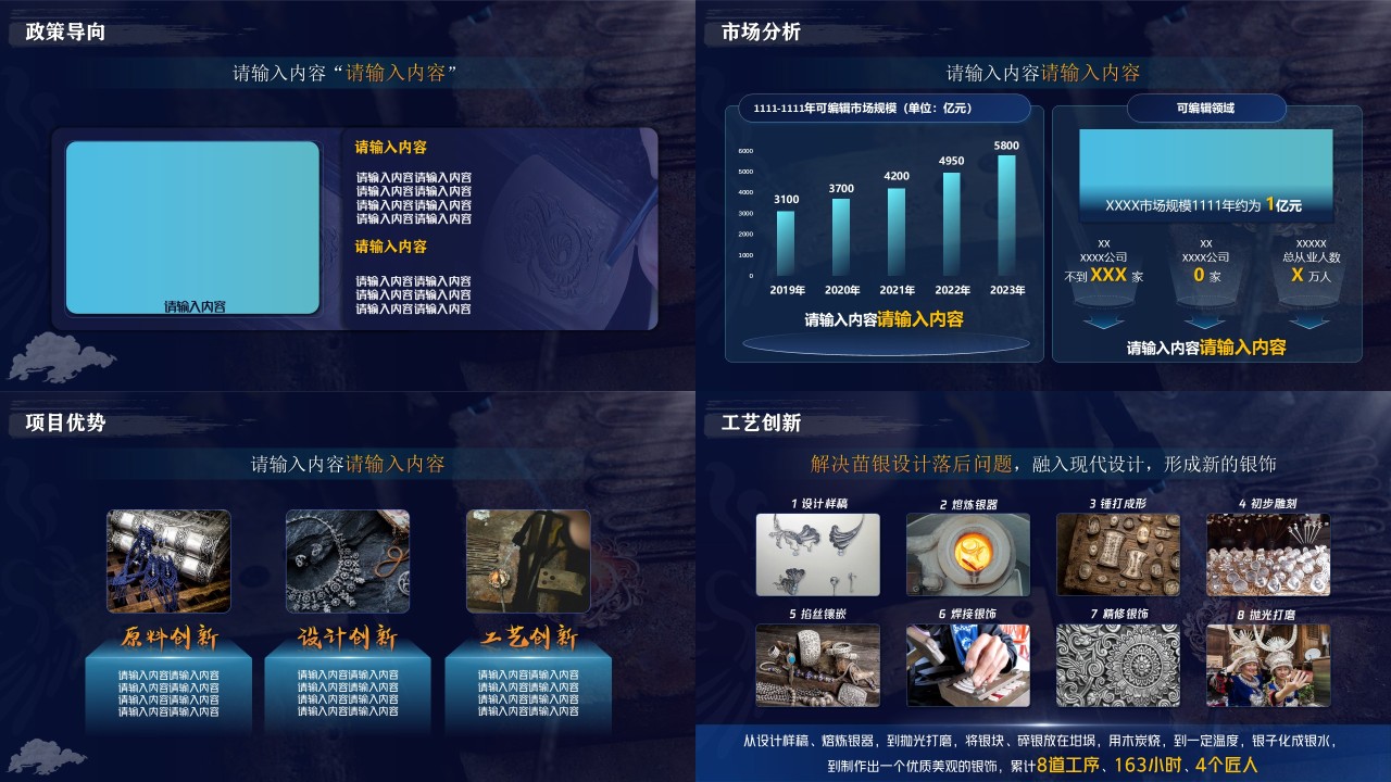 20页深蓝色非遗苗银匠心传承PPT模板